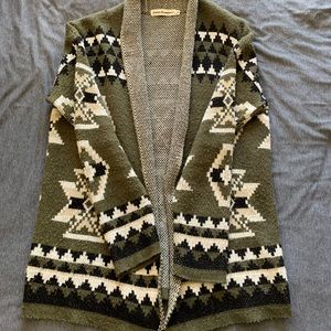 Cardigan olive green tribal design warm & cozy